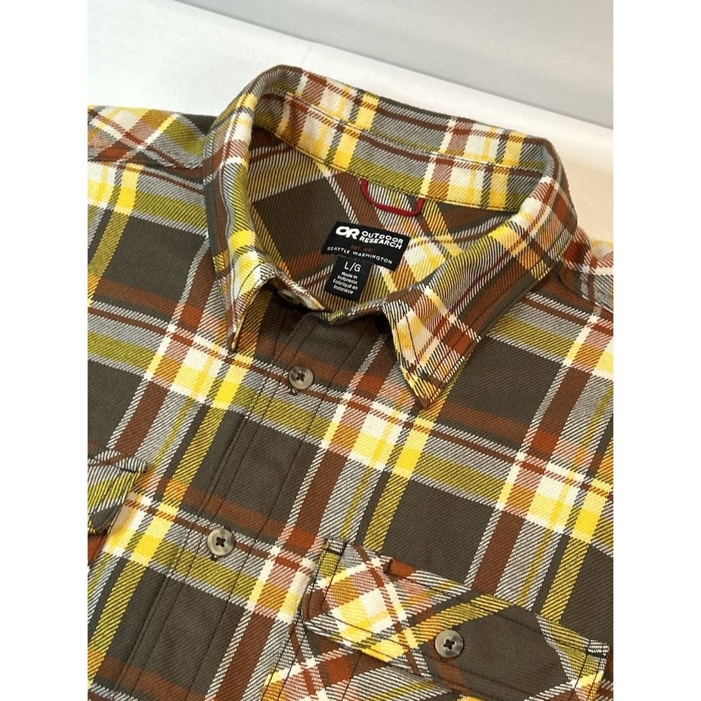 Outdoor Research Flannel Mens Large Brown Yellow Plaid Button Up Shirt